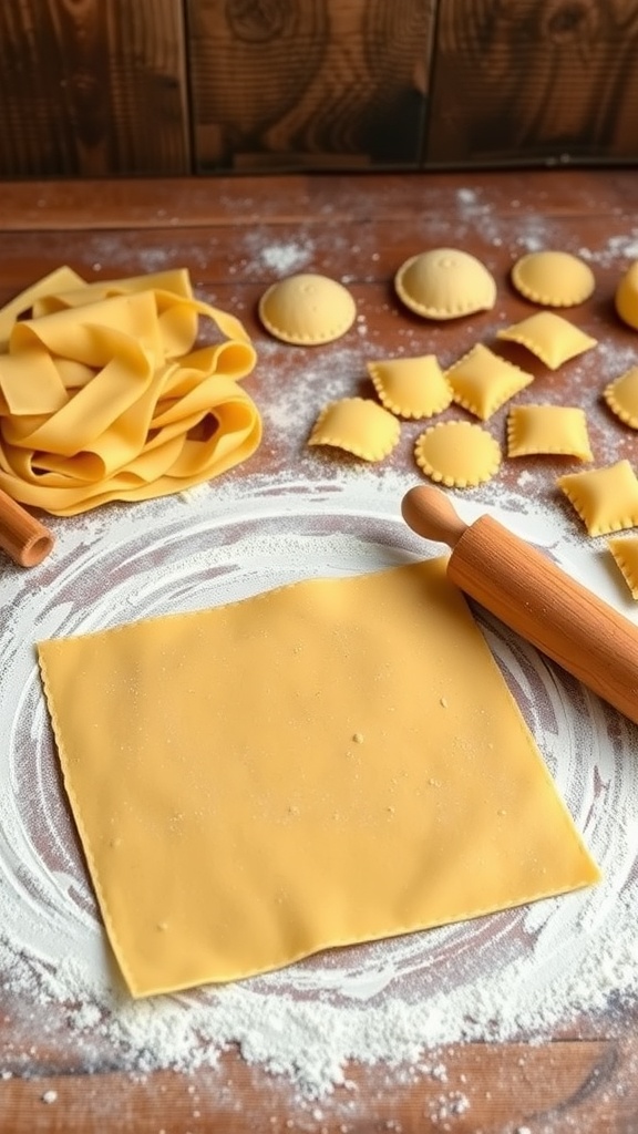 Homemade Fresh Pasta Dough Recipe Fresh pasta dough and various pasta shapes on a flour-dusted surface.